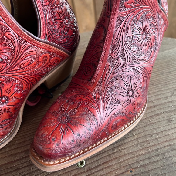 🌶️Scarlet Hand Tooled Genuine Leather Women Bootie Cowboy Boot Boho Western Red - Picture 14 of 16